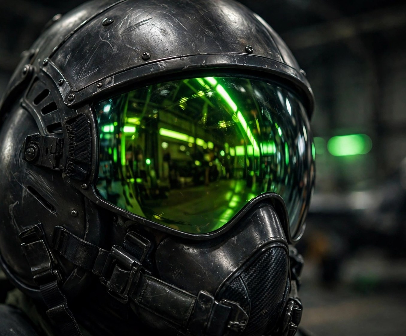Pilot helmet with green reflective visor