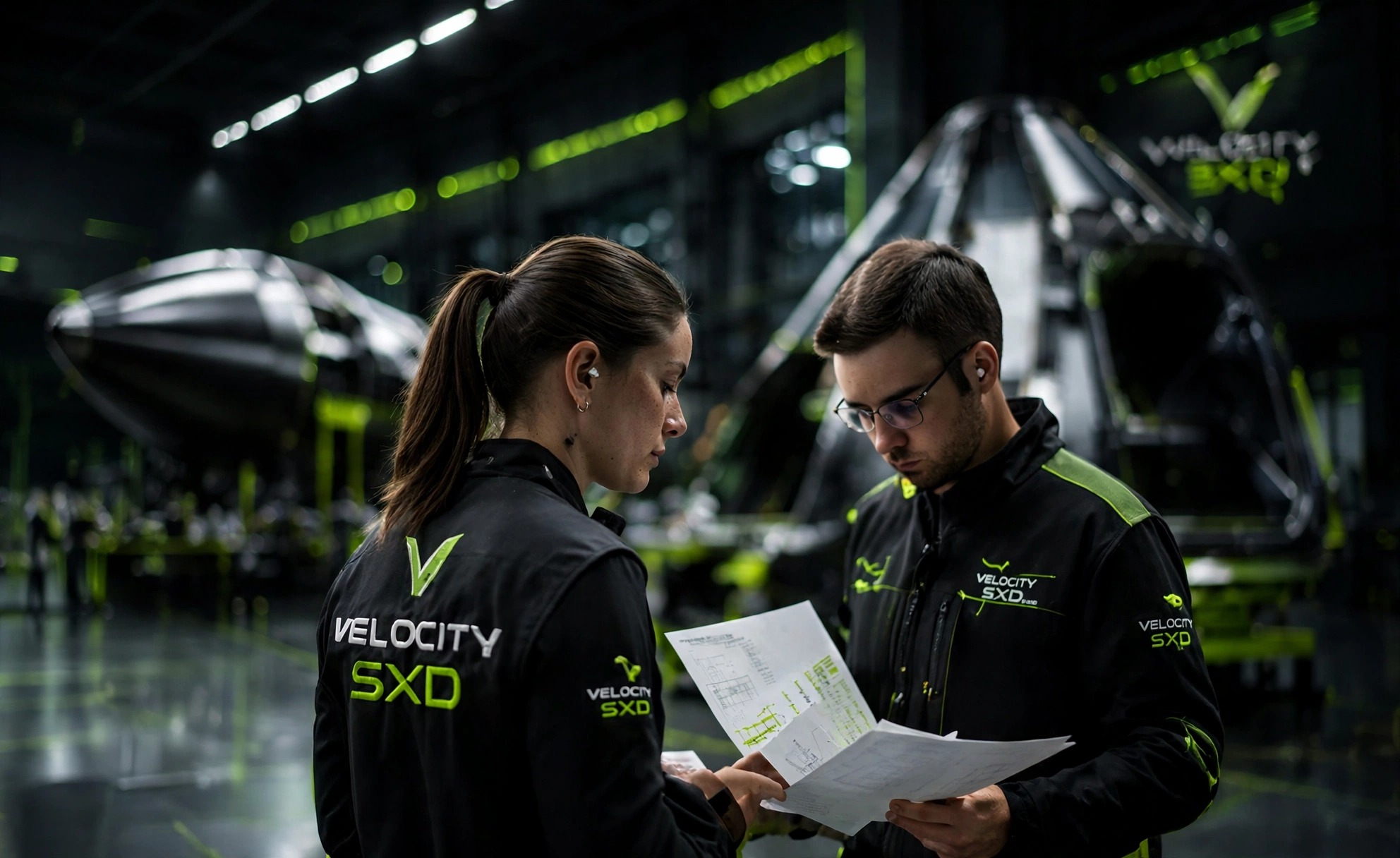 Velocity SXD engineers reviewing mission documents in the hangar