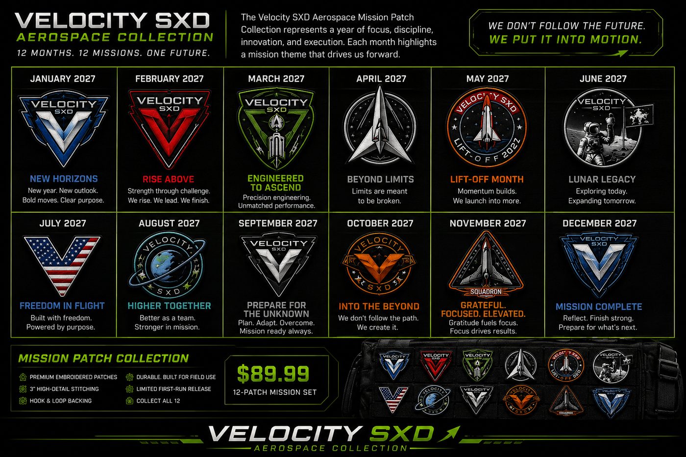 The 2027 Velocity SXD 12-patch mission set — all twelve monthly mission patches