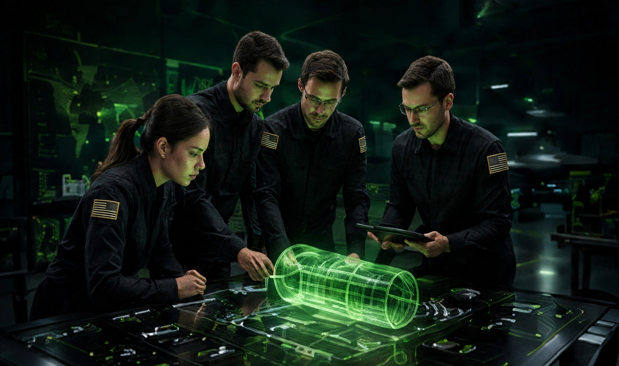 Engineering team reviewing a holographic schematic